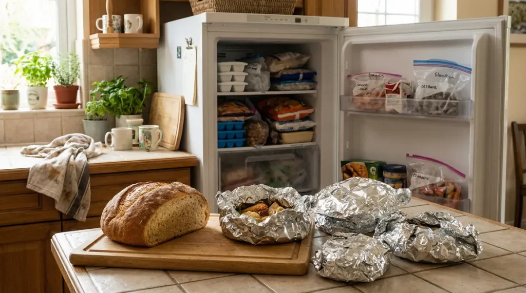 Pain et aliments emballes aluminium devant congélateur
