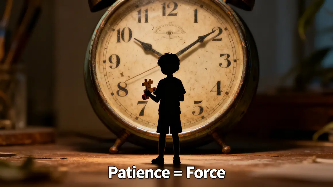 Enfant attend devant horloge symbolisant patience et force