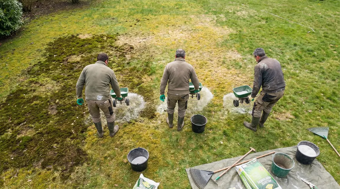 Paysagistes épandent sulfate de fer sur pelouse abîmée printemps