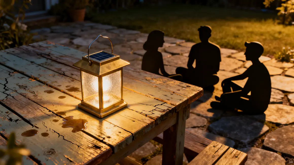 Lanterne solaire sur table jardin rayonne le soir