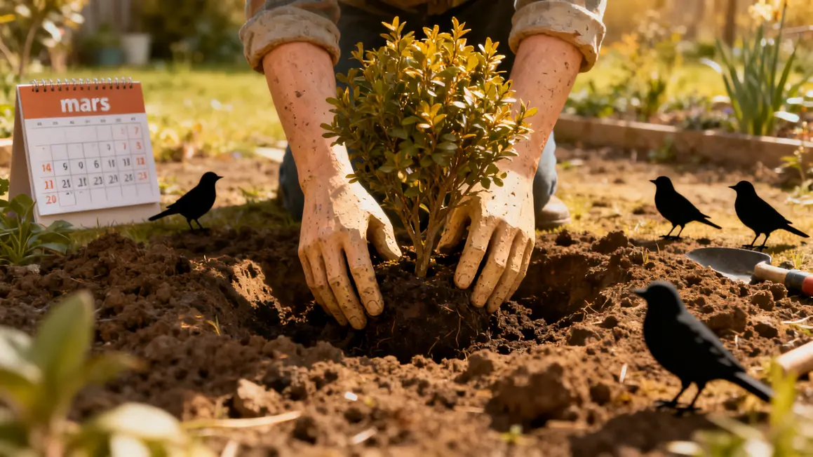 Mains plantant arbuste calendrier mars biodiversité