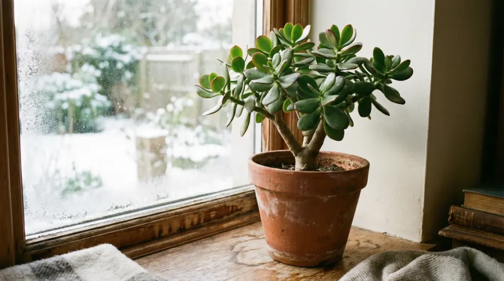 plante de jade crassula ovata sur rebord de fenêtre en hiver
