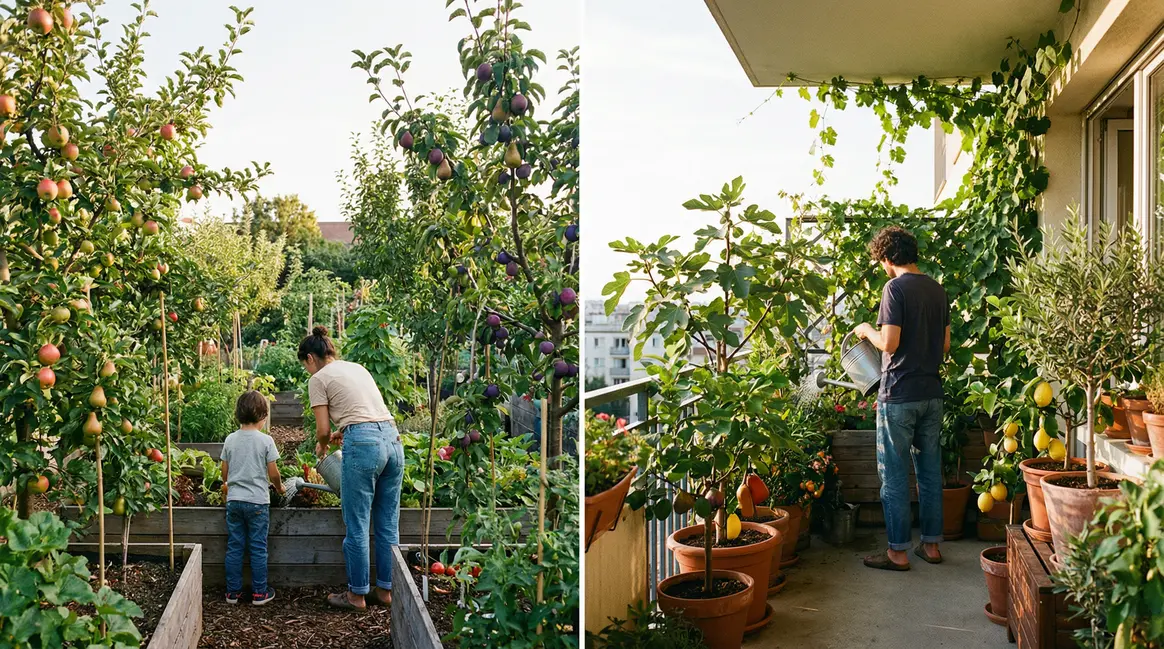 Famille plante arbres fruitiers jardin et balcon urbain