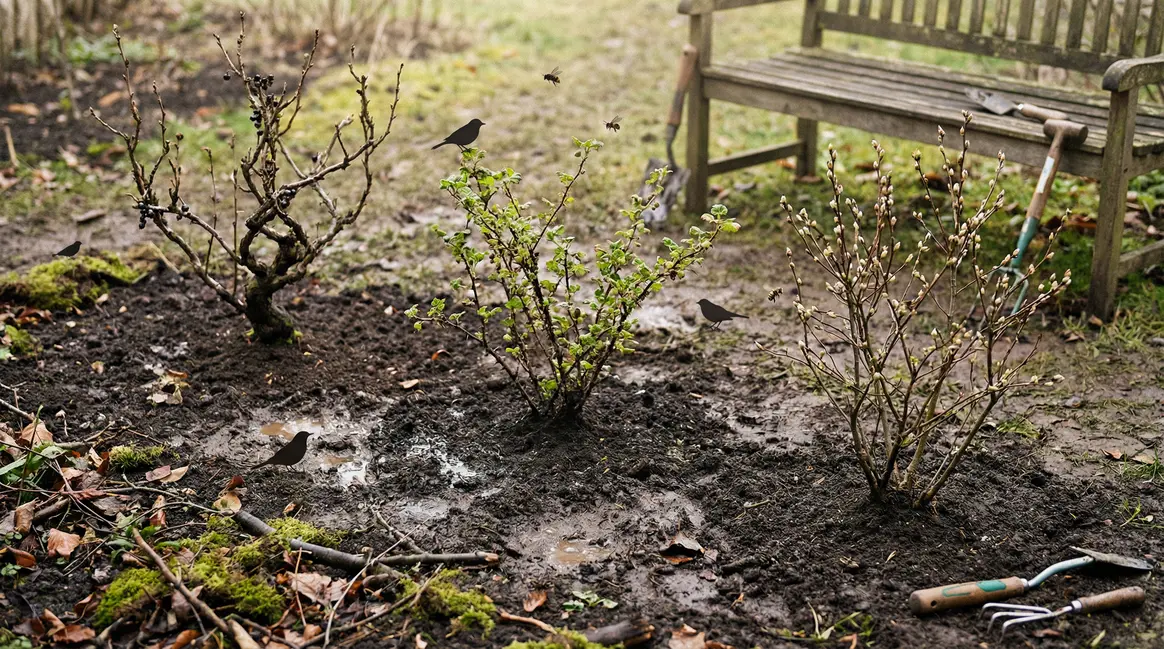 Jardin en mars avec cassis groseillier amelanchier et faune