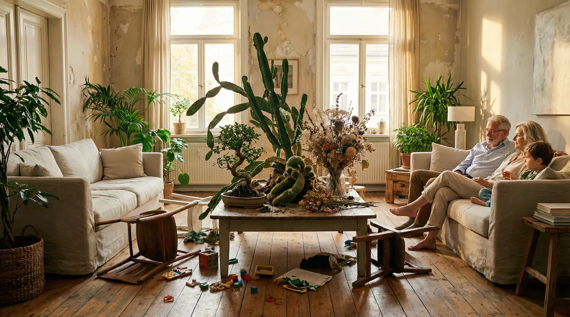 Plantes et cactus au centre du salon ambiance tension harmonie