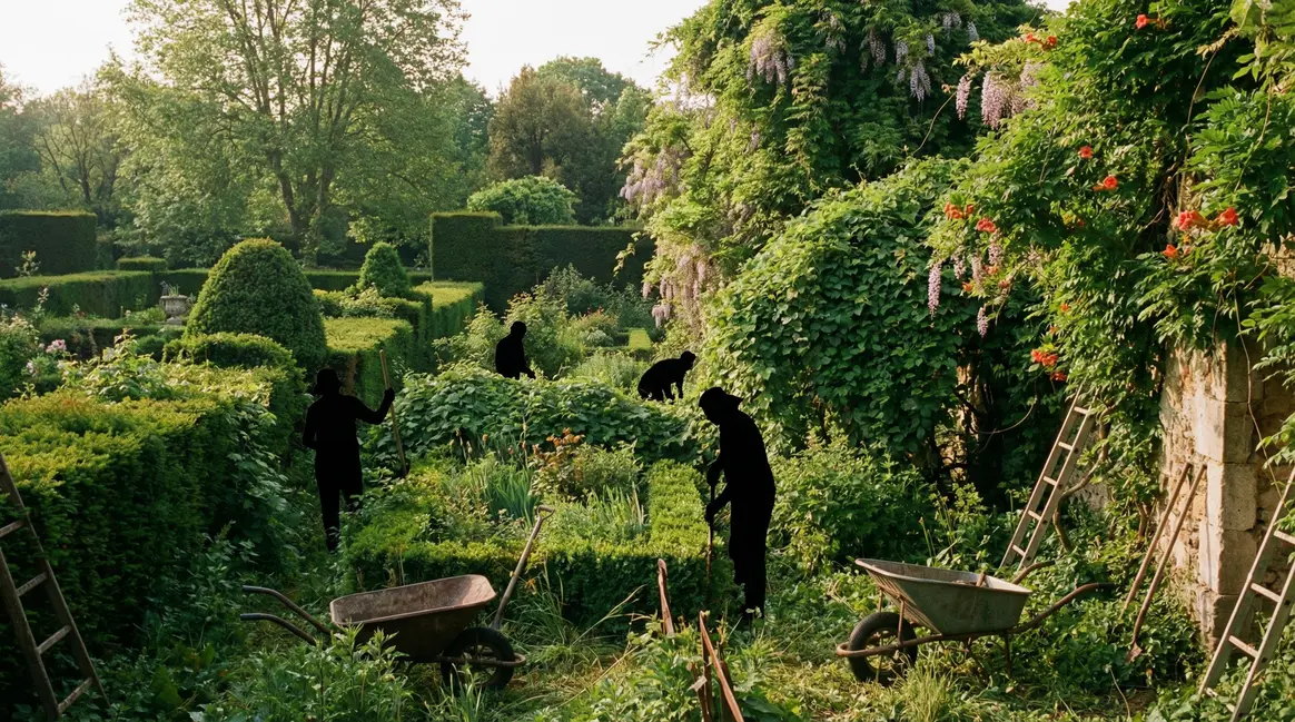 Jardin français envahi par plantes grimpantes en mars