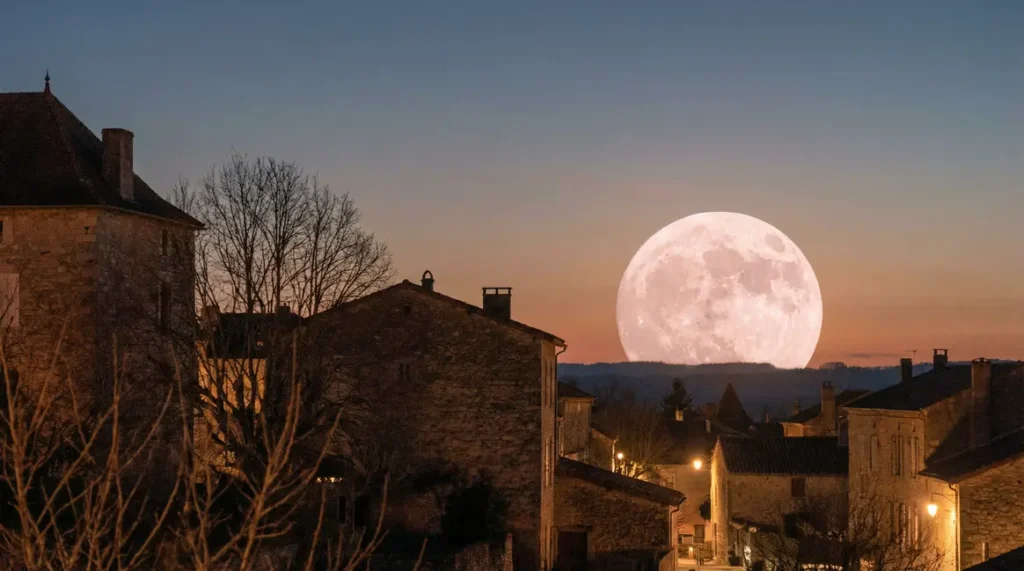Super Lune Rose 2026 énorme sur paysage nocturne France
