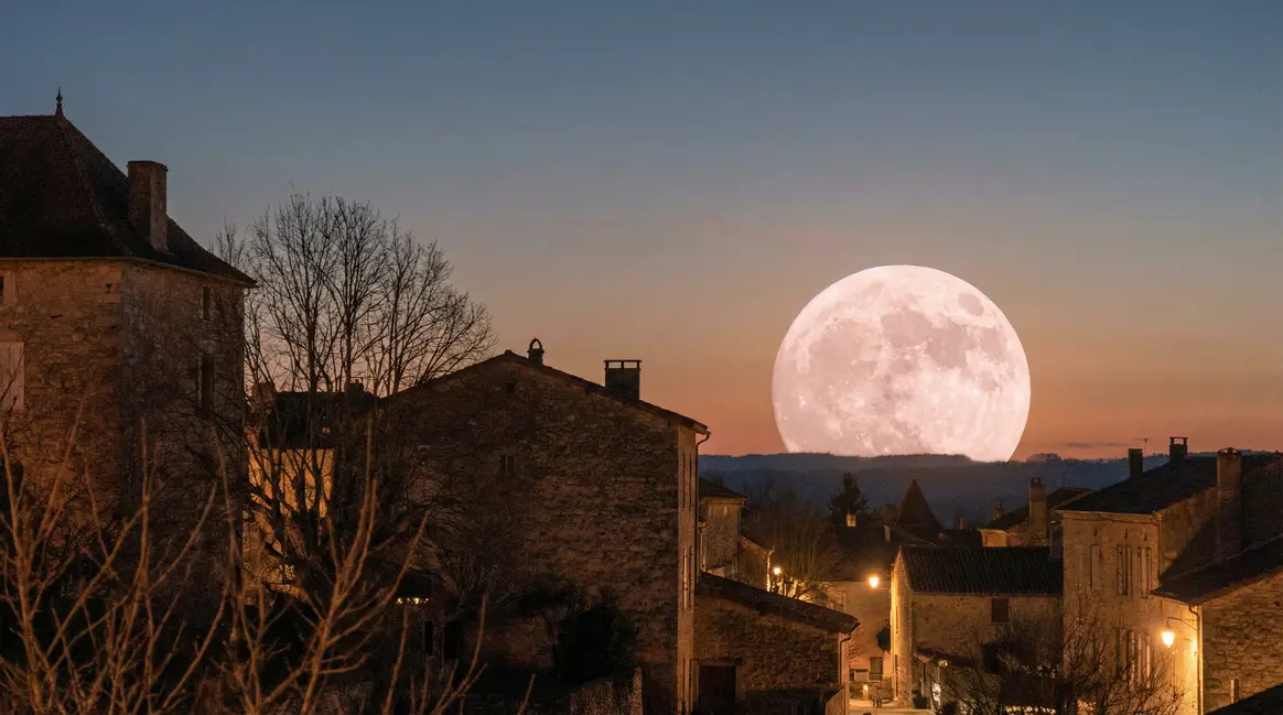Super Lune Rose 2026 énorme sur paysage nocturne France