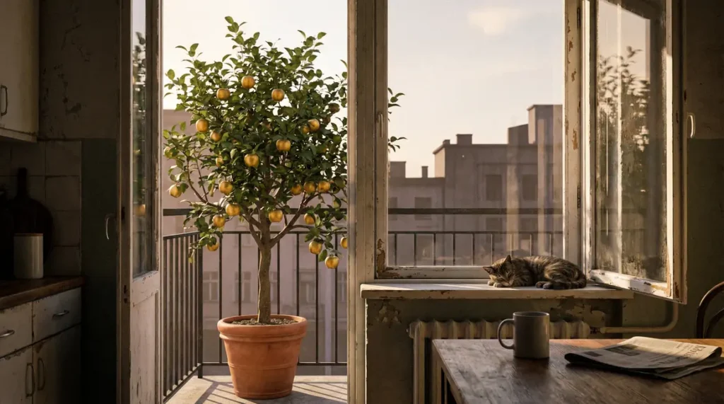 Pommier jaune sur balcon de ville