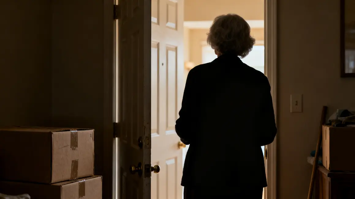 vieille dame face à une porte ouverte cartons déménagement résidence