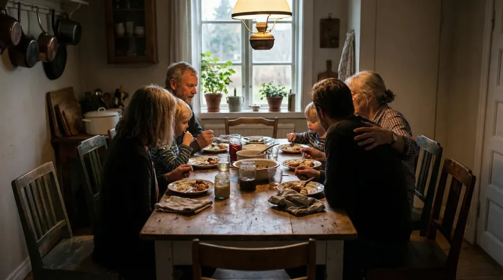 Famille multigénération autour table valorisant robustesse mentale