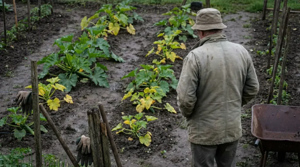 Potager courgette au printemps avec terre froide et jardinier