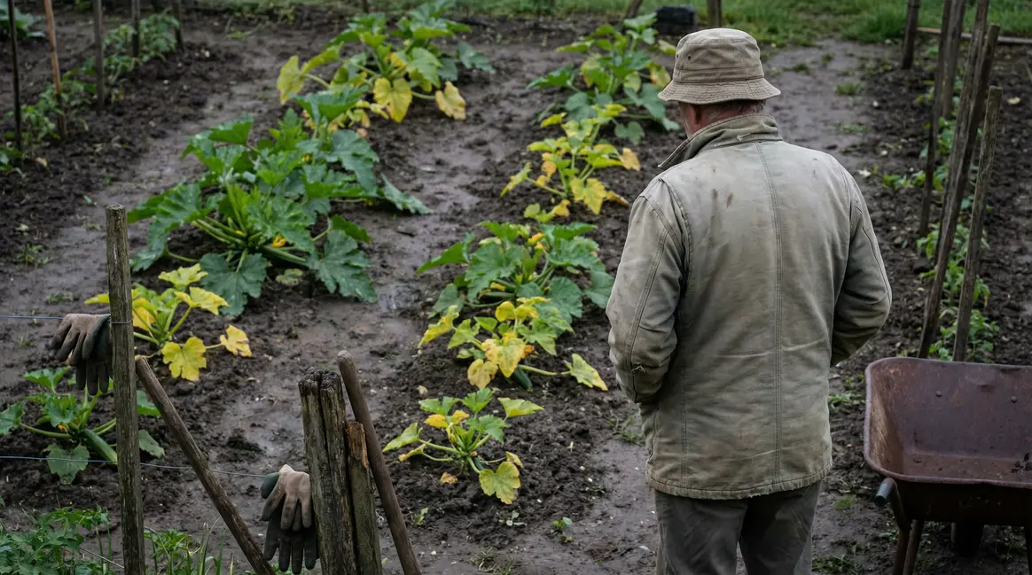 Potager courgette au printemps avec terre froide et jardinier