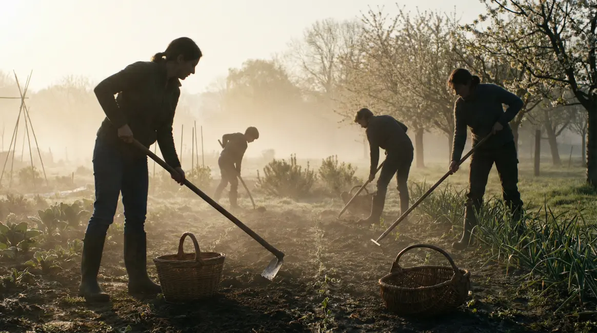 Potager familial brume matinale gestes jardiniers