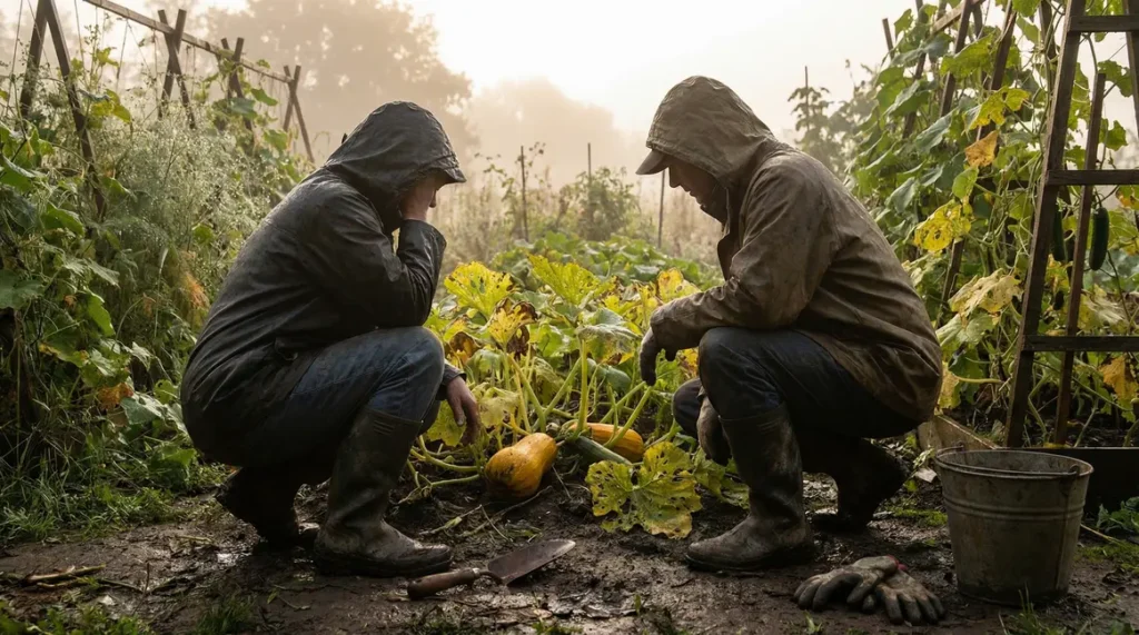 vue potager humide matin courge concombre feuilles abimees
