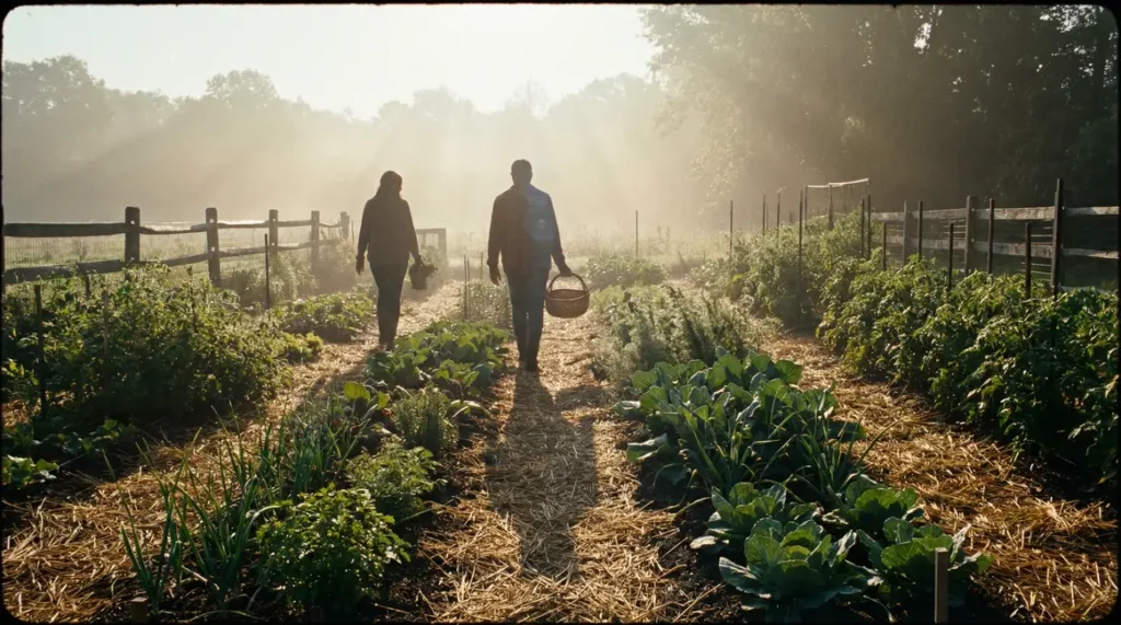 petit potager brume matin silhouettes deux personnes