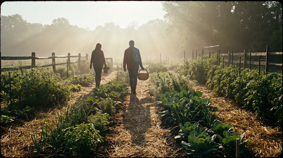 petit potager brume matin silhouettes deux personnes