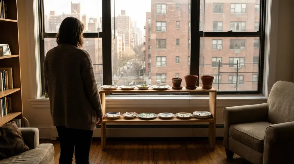 Potager miniature sur etagere de fenetre urbaine avec pousses sur coton
