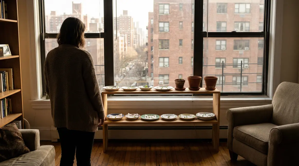 Potager miniature sur etagere de fenetre urbaine avec pousses sur coton