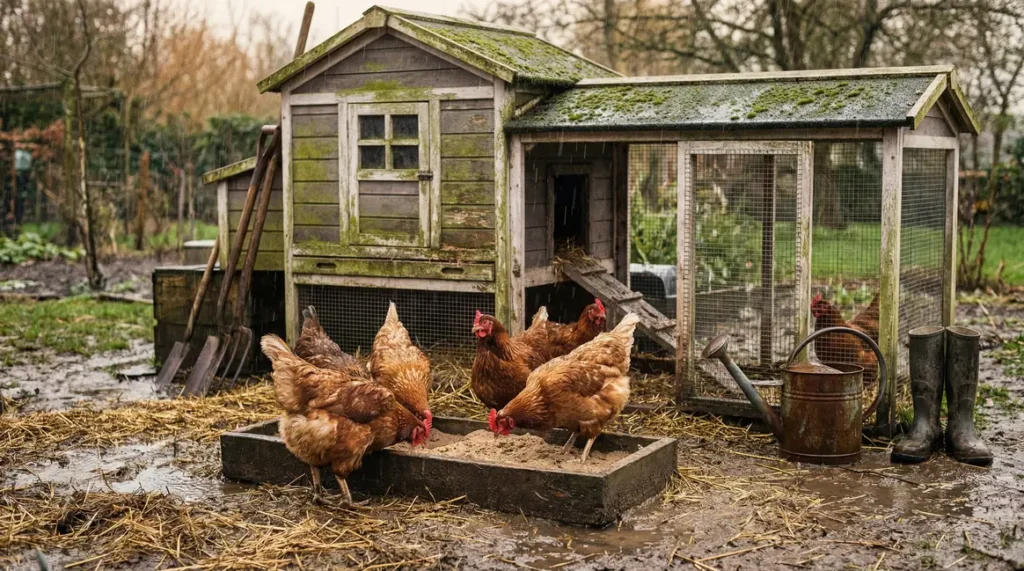poulailler de jardin sous la pluie bain de poussière poules