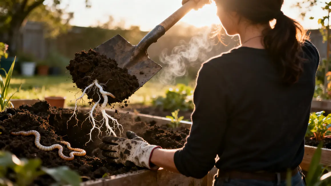 Femme bêche terre compacte racines vers jardinage matin