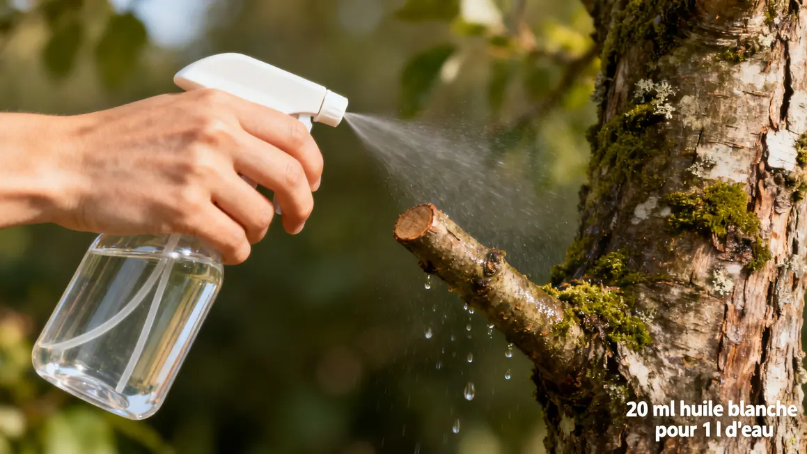 main vaporise huile blanche sur branche nettoyee
