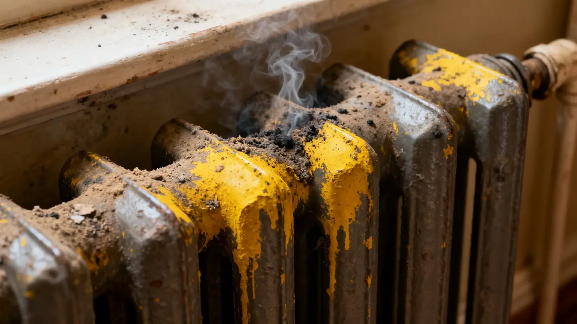 Radiateur en fonte taches jaunes gros plan
