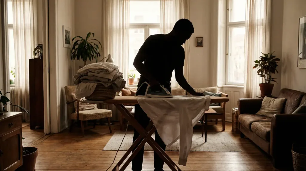 Personne repasse une pile de linge propre sur une planche avec fer à repasser