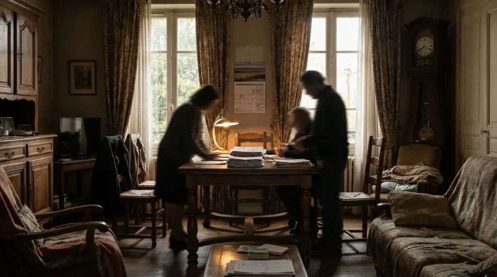 Scene de famille anxieuse retraite 2040