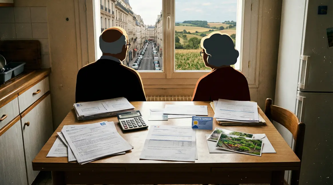 Retraite en France, contraste ville campagne, calculatrice, papiers