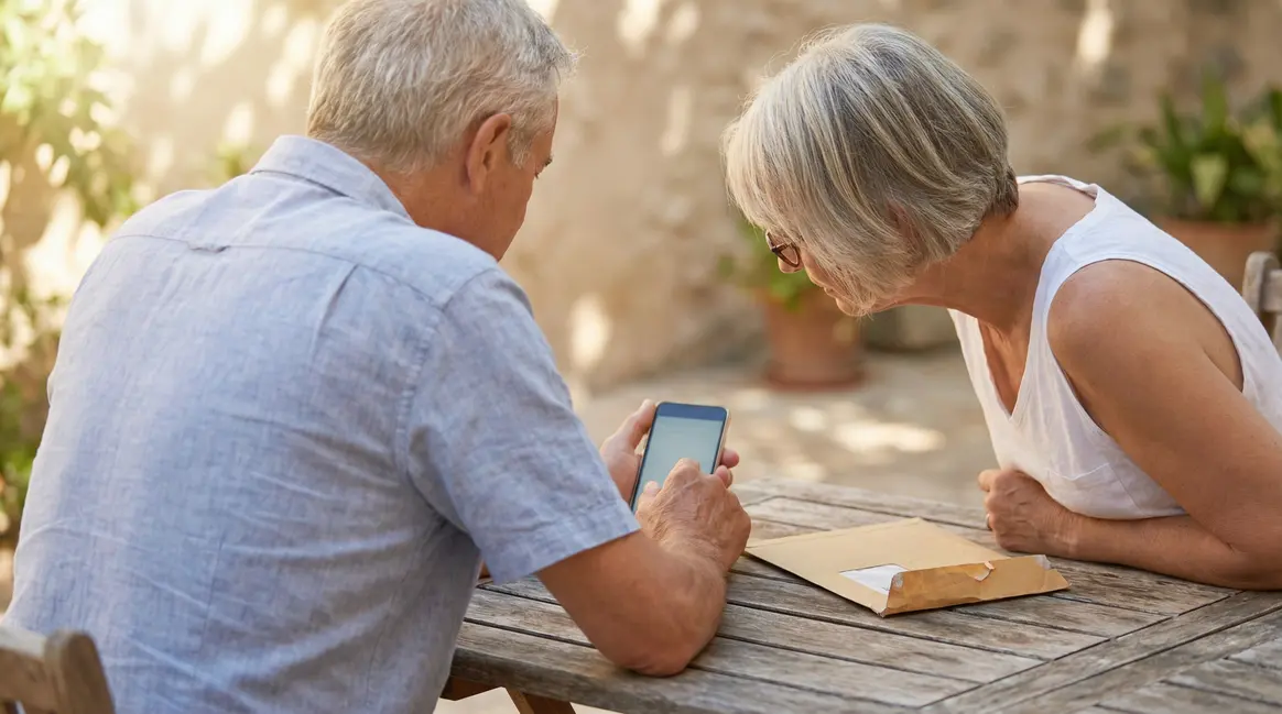 Couple seniors consulte smartphone et courrier prime Agirc Arrco