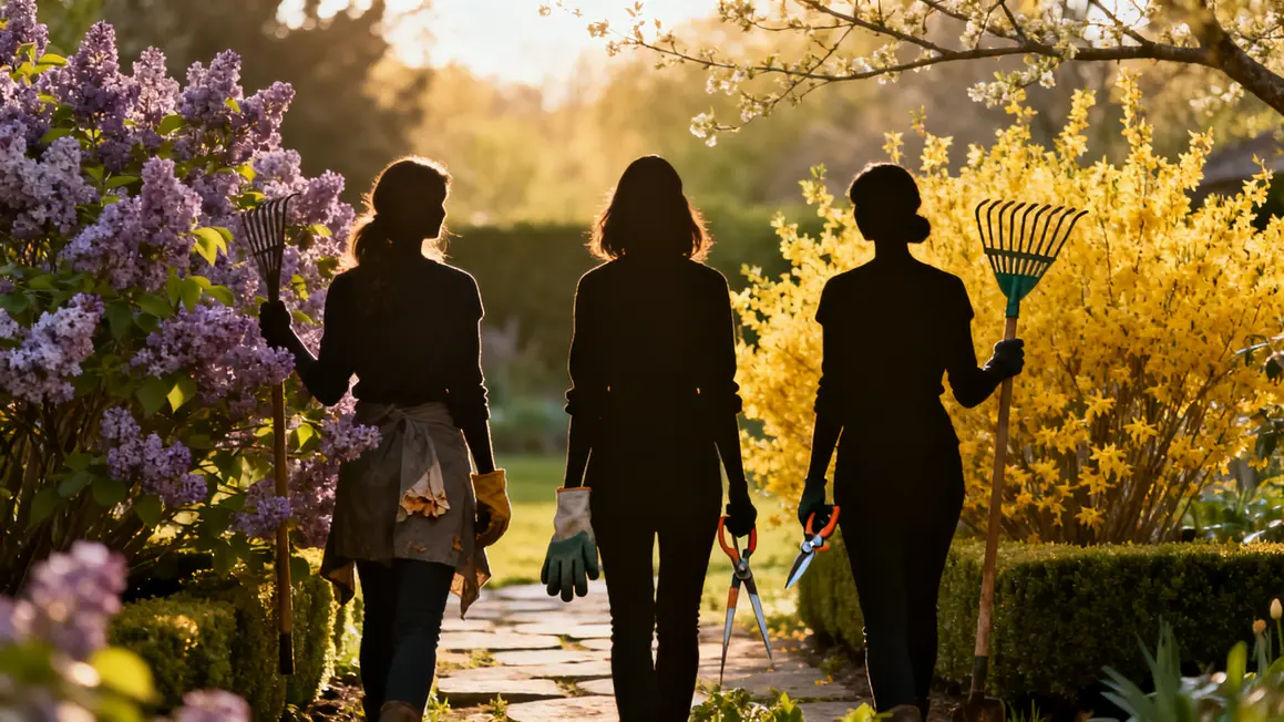 Femmes jardinant lilas forsythia outils soleil matin