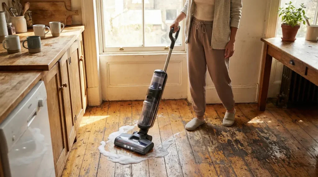 Roborock F25 ACE Pro nettoie cuisine avec mousse