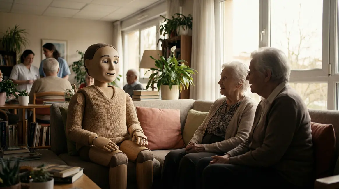 robot compagnon ehpad en salon avec personnes agees