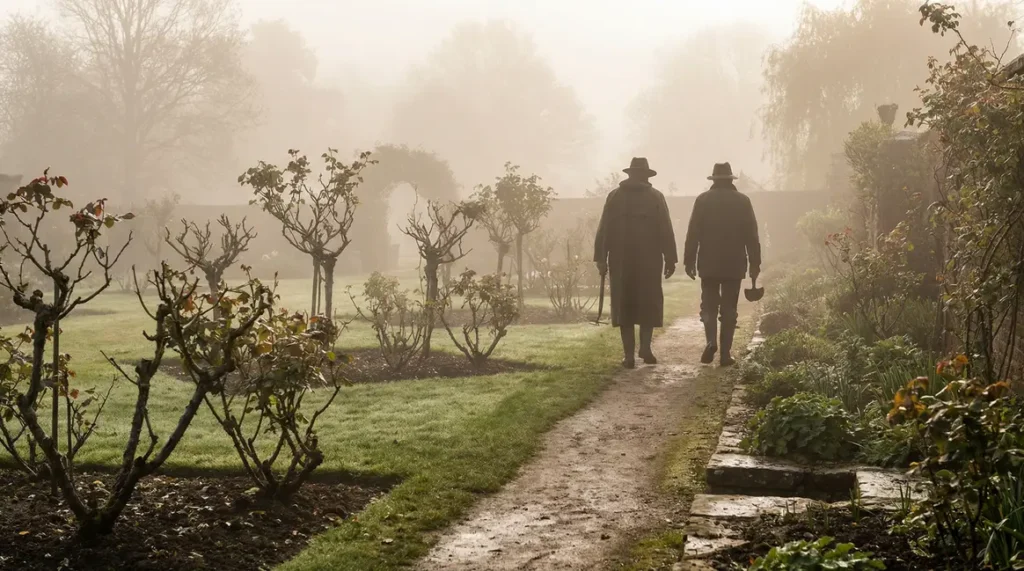 rosiers taillés sous brume matinale jardin printemps