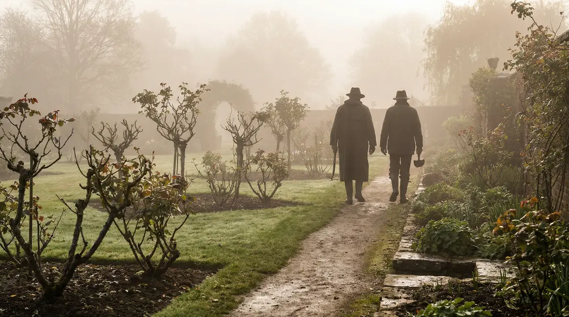 rosiers taillés sous brume matinale jardin printemps