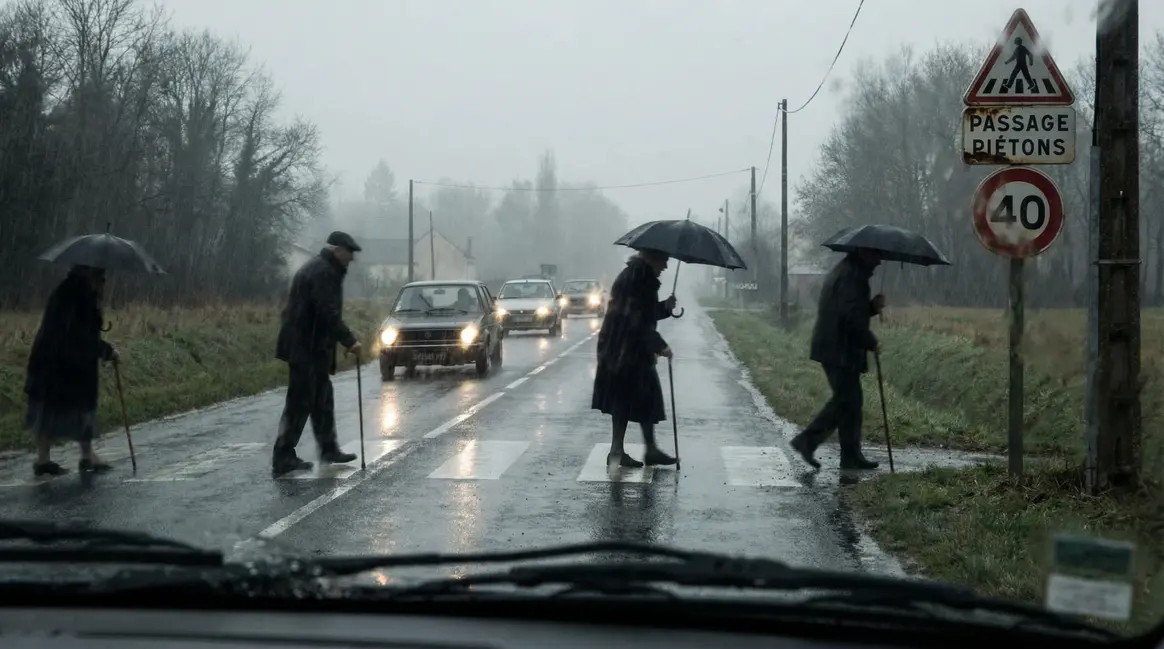 seniors vulnérables sur route française sous pluie