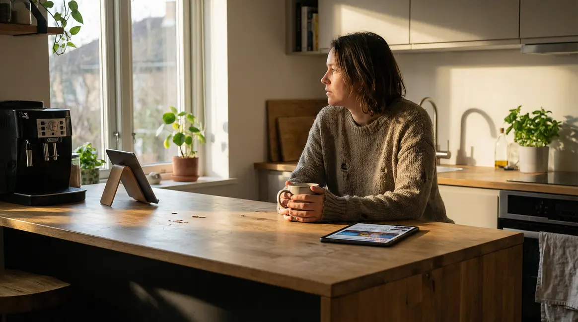 routine connectee cuisine moderne smartphone et tasse