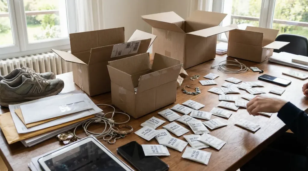 Boîtes d'emballage avec sachets gel de silice objets quotidiens