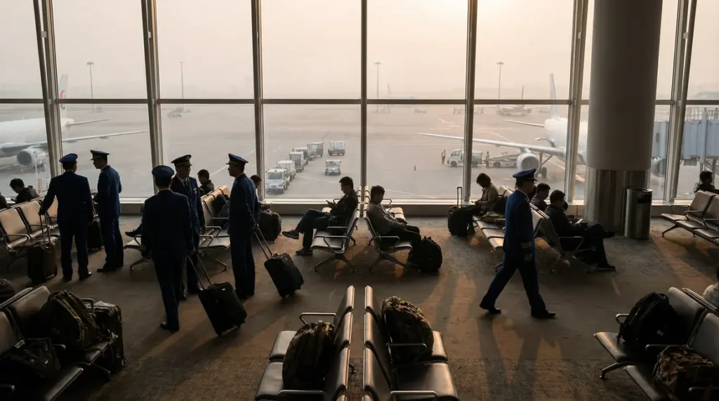Salle d'embarquement aéroport matin personnels navigants valise baie vitrée