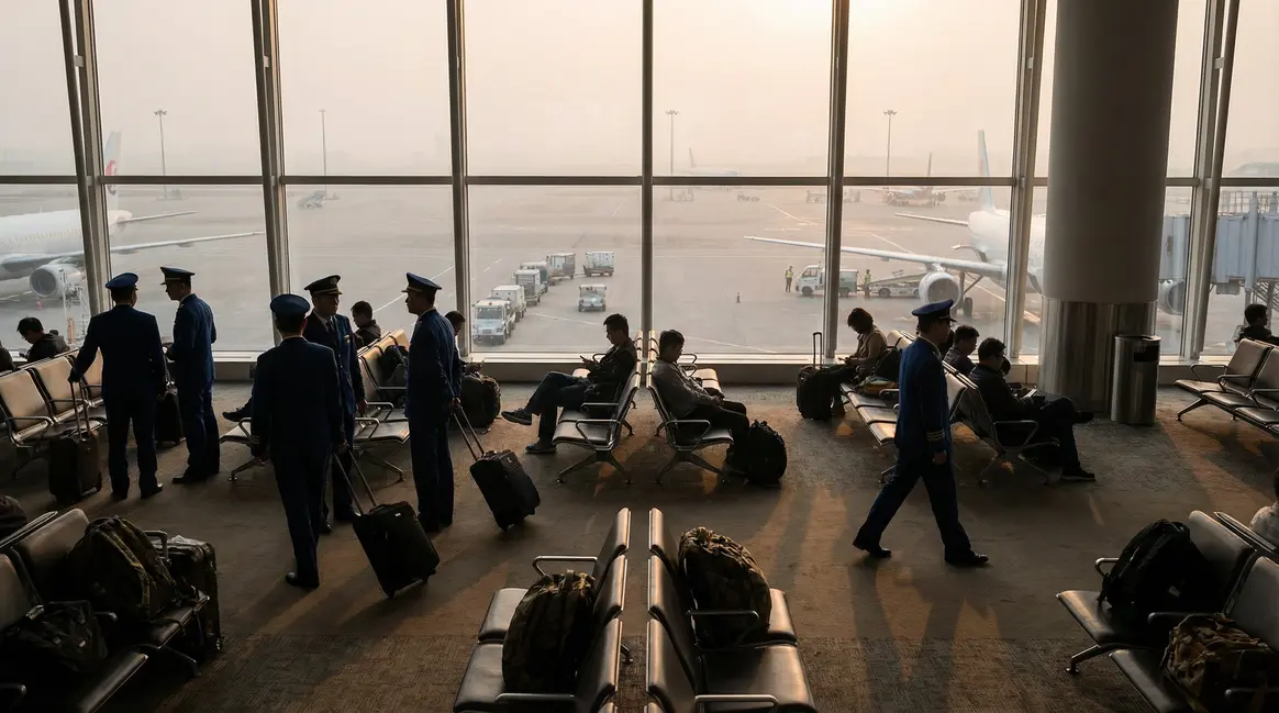 Salle d'embarquement aéroport matin personnels navigants valise baie vitrée