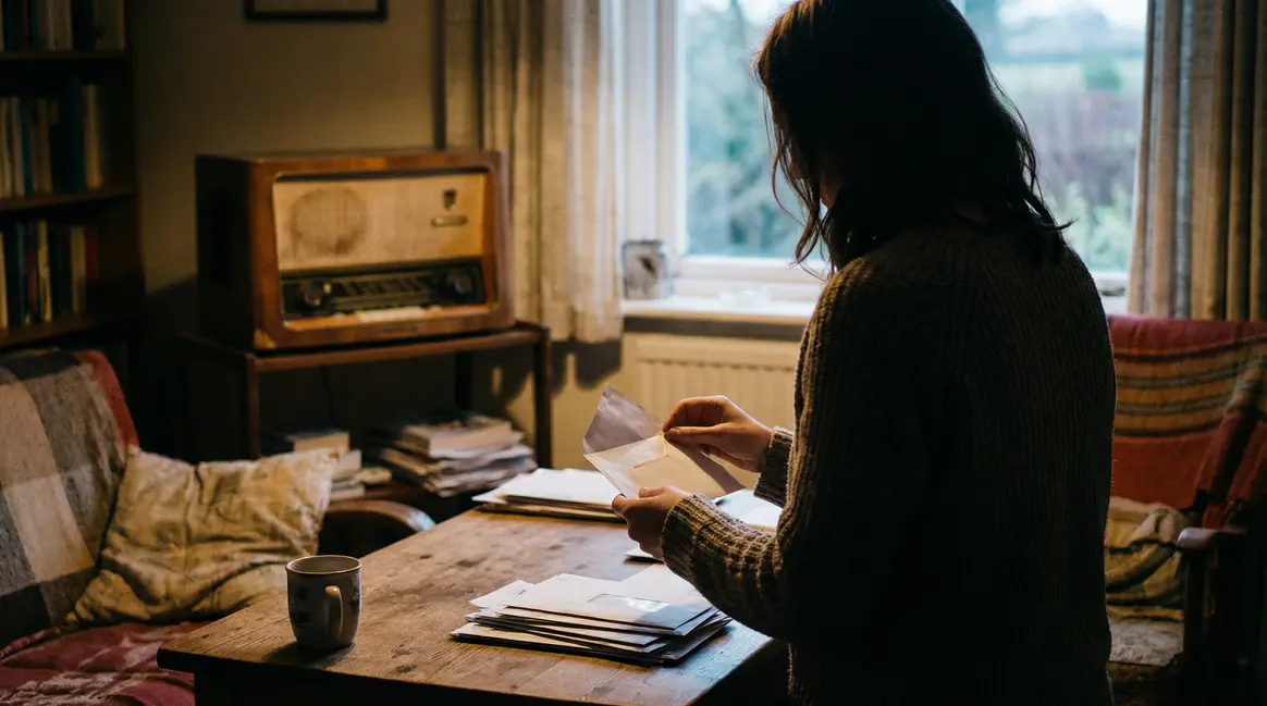 Enveloppe ouverte avec silhouette femme et radio vintage