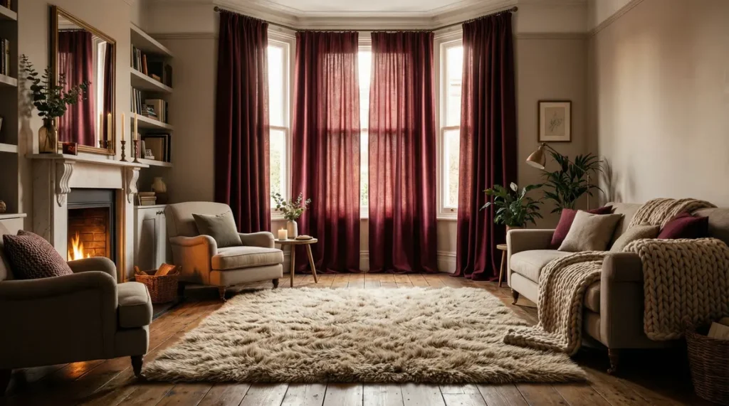 Salon hiver rideaux thermiques longs tapis épais