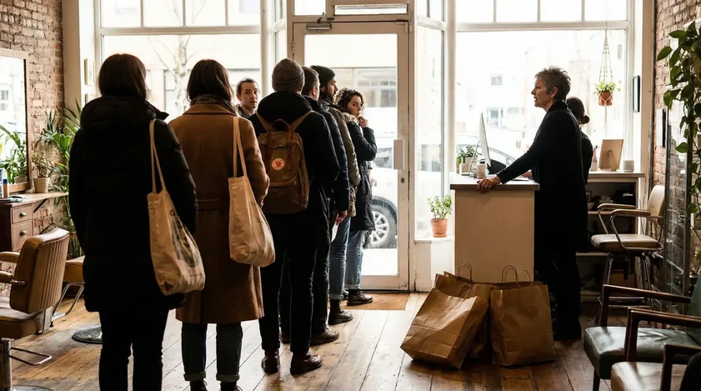 Retraitée devant la caisse d'un salon de coiffure
