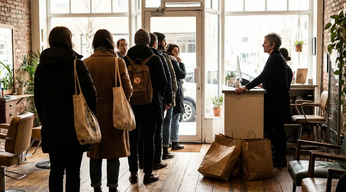 Retraitée devant la caisse d'un salon de coiffure
