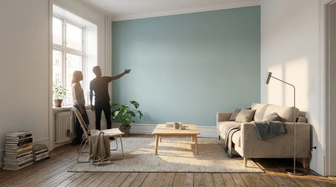 Salon lumineux et moderne un mur peint bleu sauge
