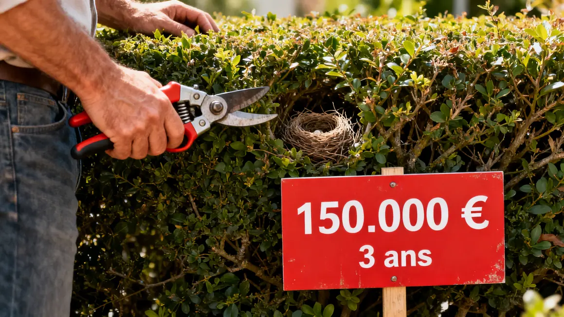 main tenant sécateur proche haie nid oiseau amende