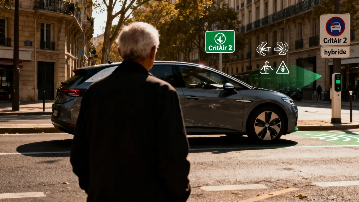 Senior et voiture CritAir 2 hybride sécurité conduite