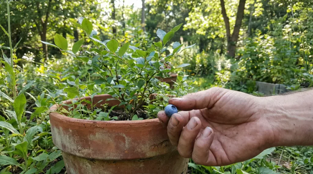 Main tenant myrtille, arbuste en pot, jardin DIY