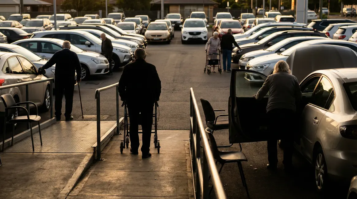 Seniors choisissant voitures d'occasion récentes sur parking